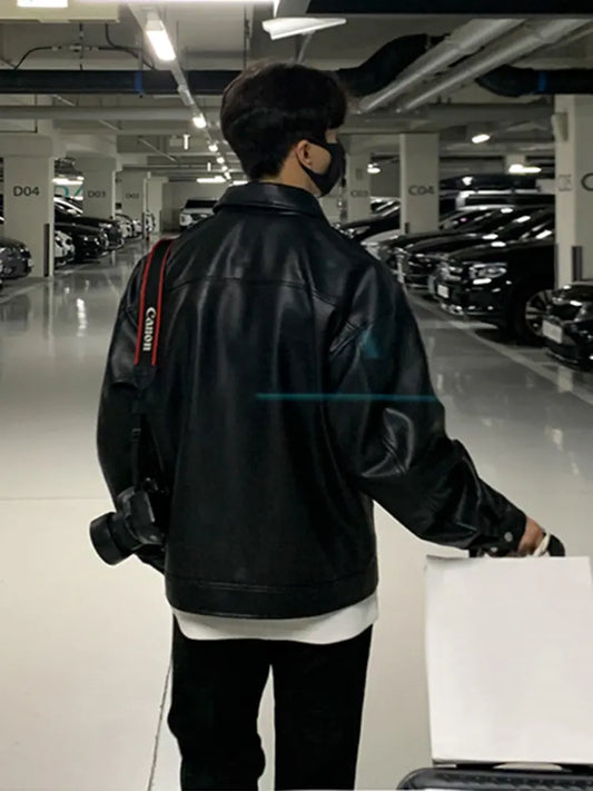 Korean Chic Double Zipper Men's PU Leather Jacket