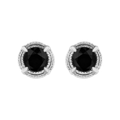 .925 Sterling Silver Treated Colored Diamond Modern 4-Prong Solitaire Milgrain Stud Earrings