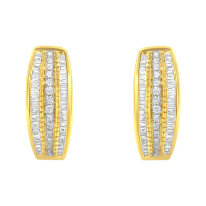 10K Yellow Gold 3/4 Cttw Pave and Channel Set Diamond Triple Row Modern Hoop Earrings (I-J Color, I2-I3 Clarity)