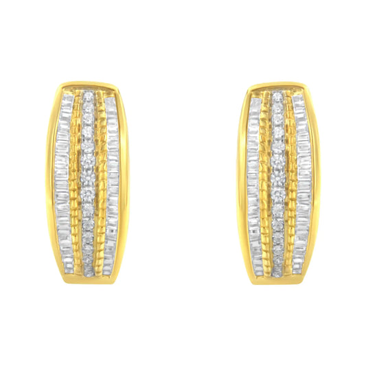 10K Yellow Gold 3/4 Cttw Pave and Channel Set Diamond Triple Row Modern Hoop Earrings (I-J Color, I2-I3 Clarity)