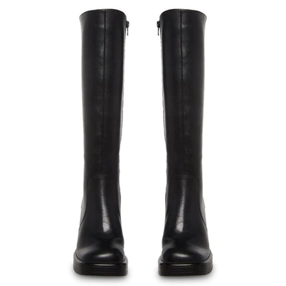 SOVANYOU Black Leather Boots Platform Boots for Women Square Toe Chunky Block Heeled Boots 7 Black-01
