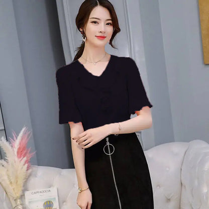 Women's Short Sleeve Chiffon V-Neck Top with Flare Sleeves