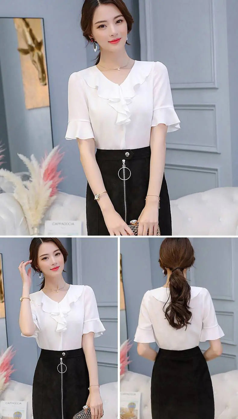 Women's Short Sleeve Chiffon V-Neck Top with Flare Sleeves