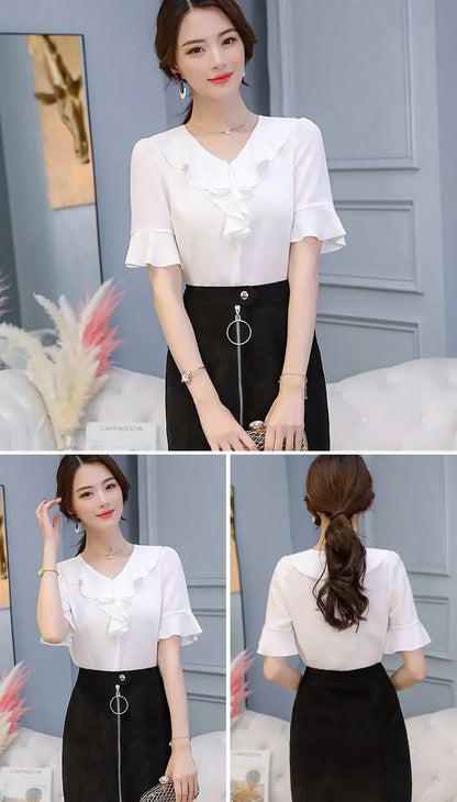 Women's Short Sleeve Chiffon V-Neck Top with Flare Sleeves