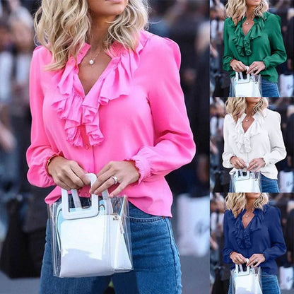 2025 Spring Chiffon Blouses - Long Sleeve V-neck Ruffle Office Casual Tops (Plus Size)