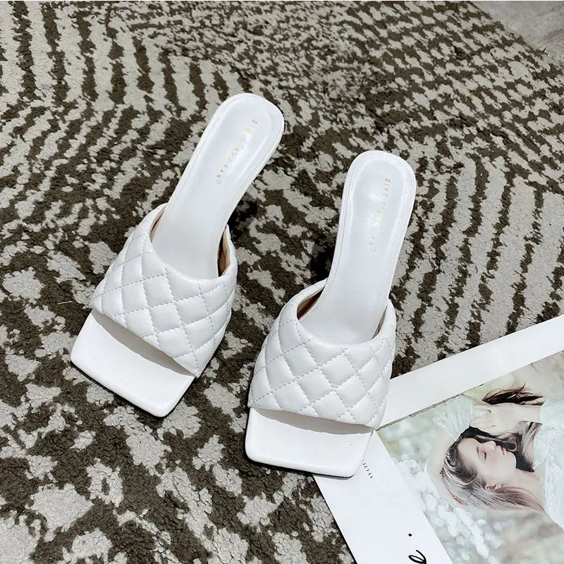 Square Head Leather High Heel Women's Shoes