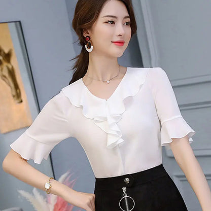 Women's Short Sleeve Chiffon V-Neck Top with Flare Sleeves