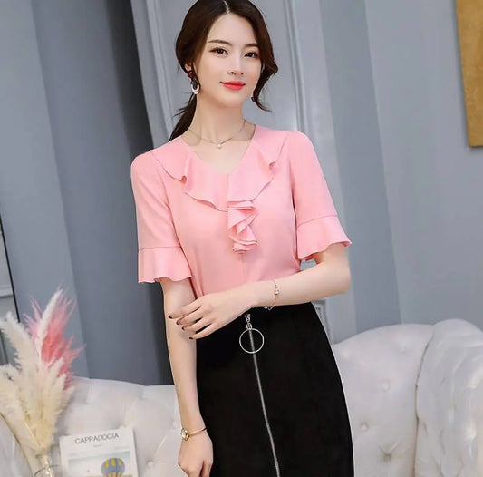 Women's Short Sleeve Chiffon V-Neck Top with Flare Sleeves
