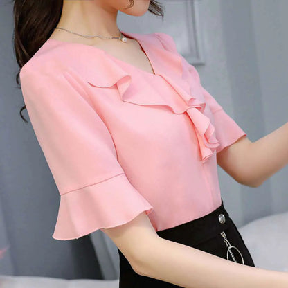 Women's Short Sleeve Chiffon V-Neck Top with Flare Sleeves