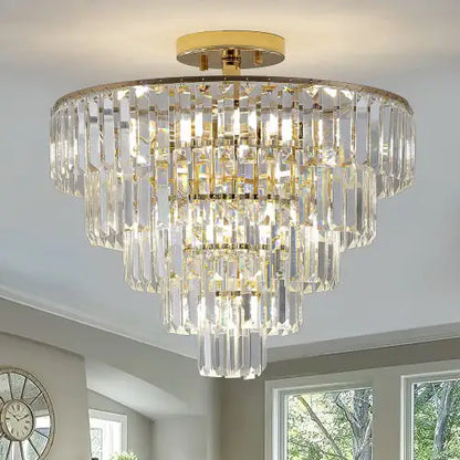 Golden Crystal Chandelier, 5-layer Round Semi-recessed Chandelier Lamp, Large Modern Luxury Chandelier, Suitable For Living Room, Dining Room, Bedroom, Corridor Unavailable Platforms- Temu