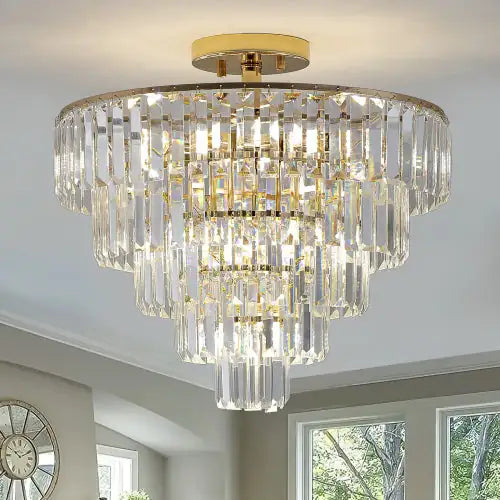 Golden Crystal Chandelier, 5-layer Round Semi-recessed Chandelier Lamp, Large Modern Luxury Chandelier, Suitable For Living Room, Dining Room, Bedroom, Corridor Unavailable Platforms- Temu
