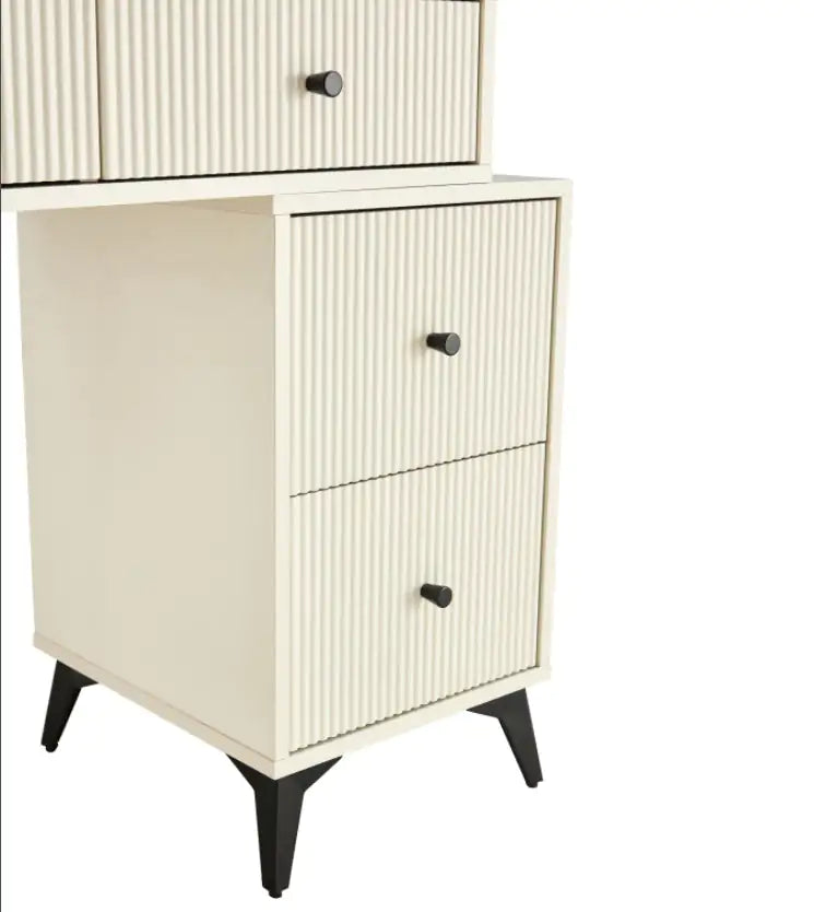 Fluted Makeup Vanity Desk With Round LED Mirror And Lights, Modern Glass Top Big Vanity Table With 4 Drawers Adjustable Shelves