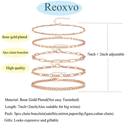 Dainty Gold Chain Bracelets Set for Women 14K Real Gold Plated Link Chain Bracelets for Women Trendy Gold Stackable Cuff Bracelets for Jewelry Gifts Women Adjustable 7"+2" Rose Gold