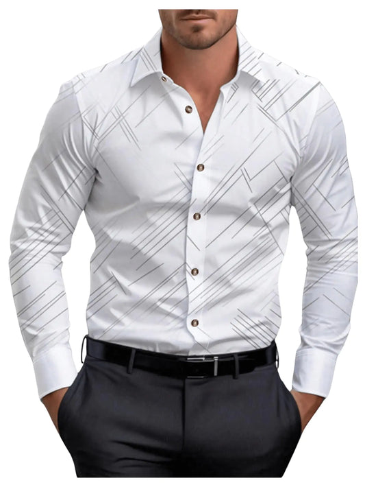 WDIRARA Mens Line Printed Dress Shirts Long Sleeve Button Down Business Dress Shirts S White