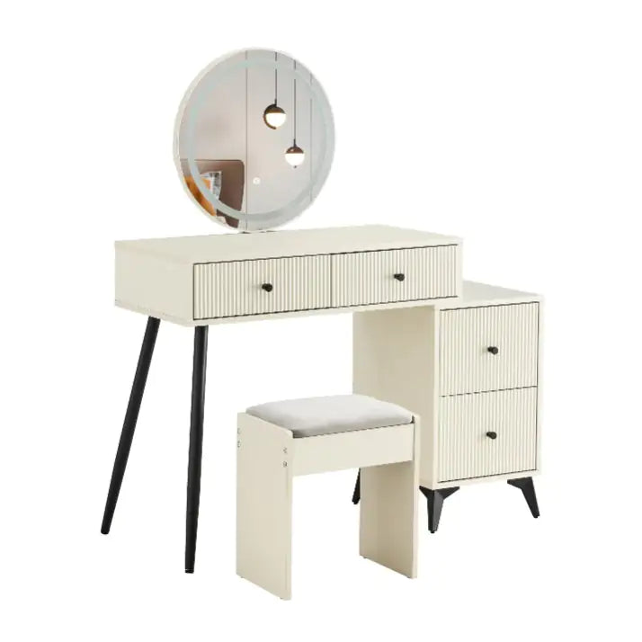 Fluted Makeup Vanity Desk With Round LED Mirror And Lights, Modern Glass Top Big Vanity Table With 4 Drawers Adjustable Shelves