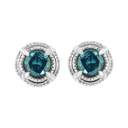 .925 Sterling Silver Treated Colored Diamond Modern 4-Prong Solitaire Milgrain Stud Earrings