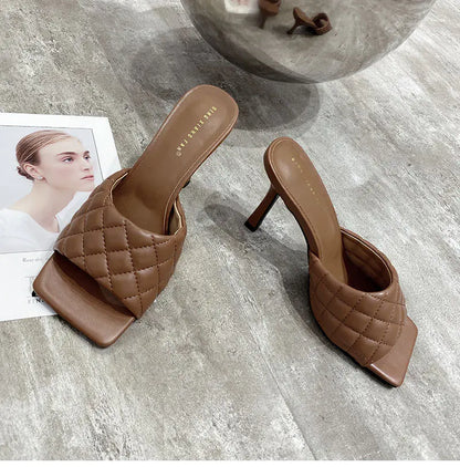 Square Head Leather High Heel Women's Shoes