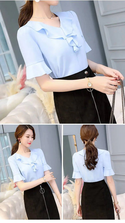 Women's Short Sleeve Chiffon V-Neck Top with Flare Sleeves