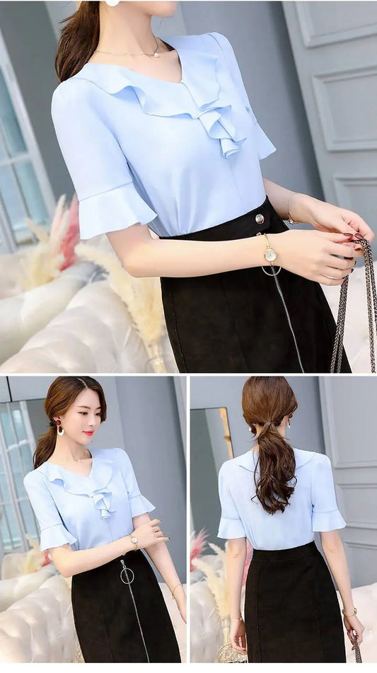 Women's Short Sleeve Chiffon V-Neck Top with Flare Sleeves