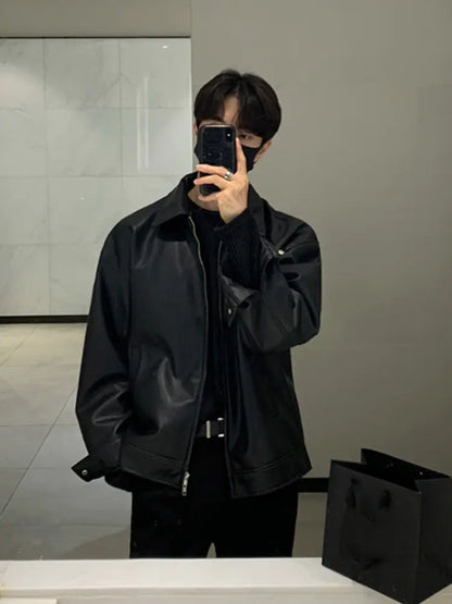 Korean Chic Double Zipper Men's PU Leather Jacket