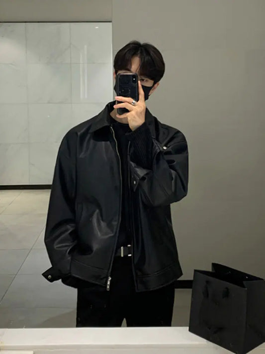 Korean Chic Double Zipper Men's PU Leather Jacket