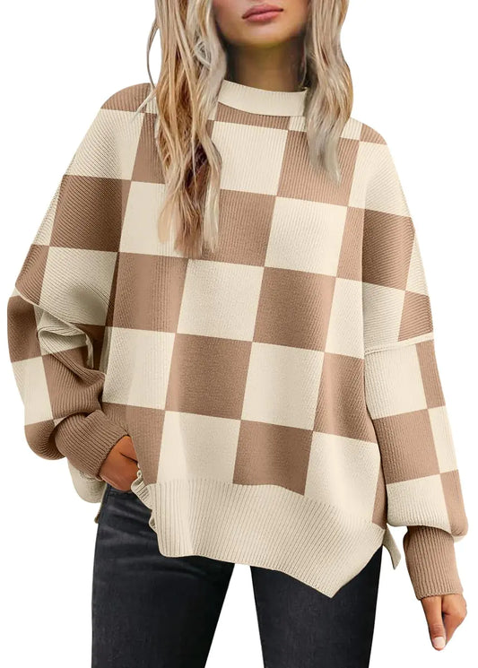 EFAN Women's Oversized Sweaters 2024 Fall Crewneck Batwing Sleeve Pullover Sweaters Small Khaki Plaid
