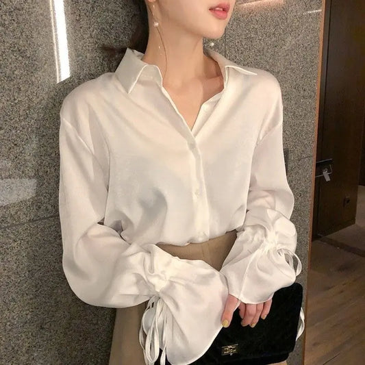Elegant Solid Chiffon Women's Flare Sleeve Shirt