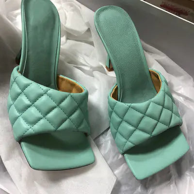 Square Head Leather High Heel Women's Shoes