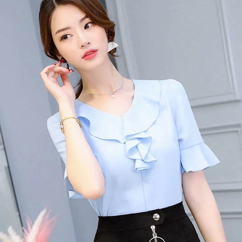 Women's Short Sleeve Chiffon V-Neck Top with Flare Sleeves
