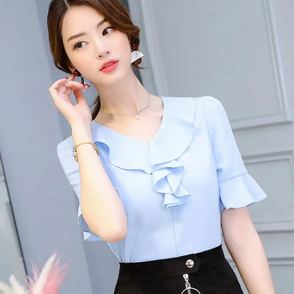 Women's Short Sleeve Chiffon V-Neck Top with Flare Sleeves