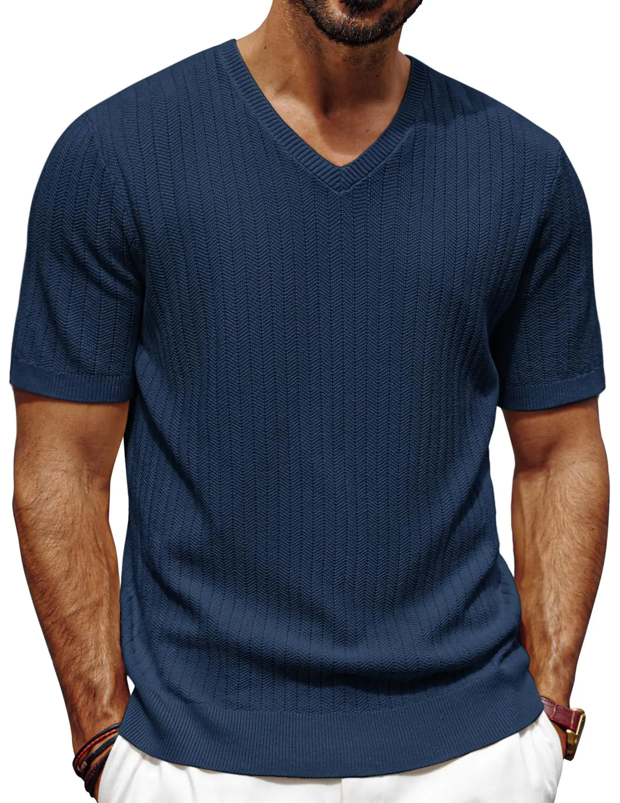 PJ PAUL JONES Summer Shirts for Men V Neck Short Sleeve Solid Color Knit Shirts Textured Shirts Royal Blue