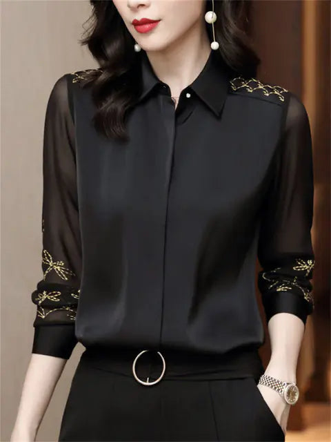 Women's Long Sleeve Chiffon Lace Embroidered Shirt