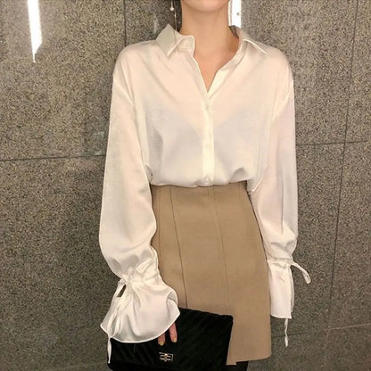 Elegant Solid Chiffon Women's Flare Sleeve Shirt