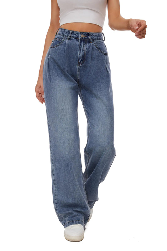 KICZOY Womens High Waist Wide Leg Jeans Casual Loose Boyfriend Denim Pants Blue