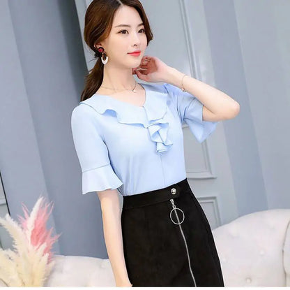 Women's Short Sleeve Chiffon V-Neck Top with Flare Sleeves