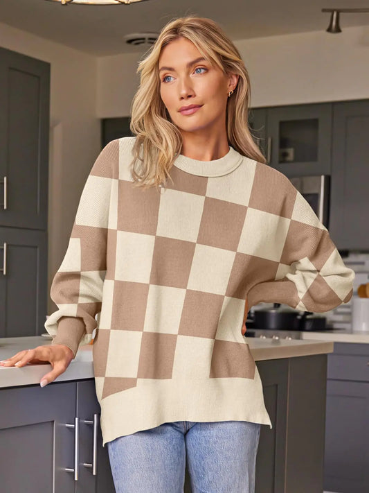 EFAN Women's Oversized Sweaters 2024 Fall Crewneck Batwing Sleeve Pullover Sweaters Small Khaki Plaid