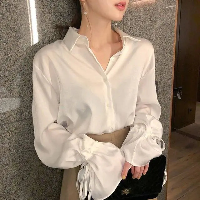 Elegant Solid Chiffon Women's Flare Sleeve Shirt