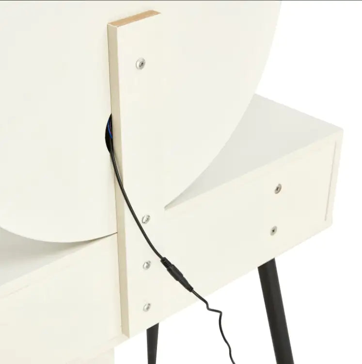 Fluted Makeup Vanity Desk With Round LED Mirror And Lights, Modern Glass Top Big Vanity Table With 4 Drawers Adjustable Shelves