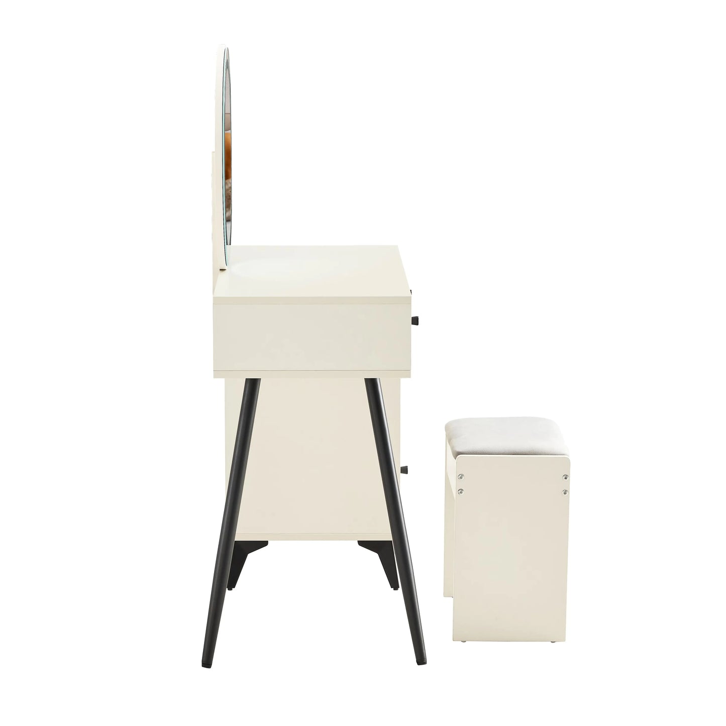 Fluted Makeup Vanity Desk With Round LED Mirror And Lights, Modern Glass Top Big Vanity Table With 4 Drawers Adjustable Shelves