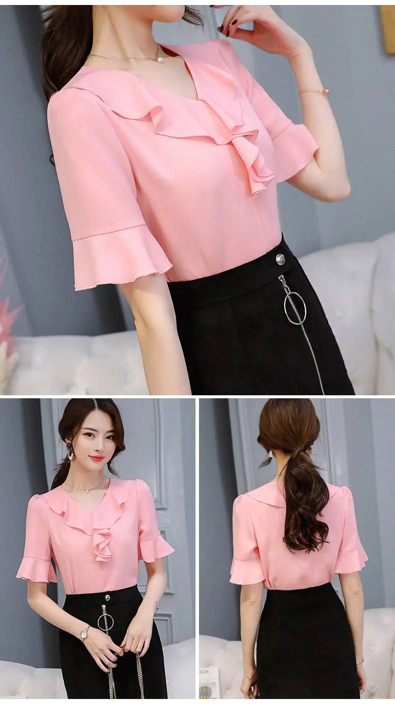 Women's Short Sleeve Chiffon V-Neck Top with Flare Sleeves