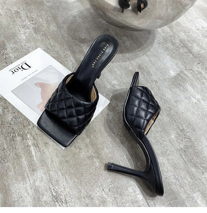 Square Head Leather High Heel Women's Shoes