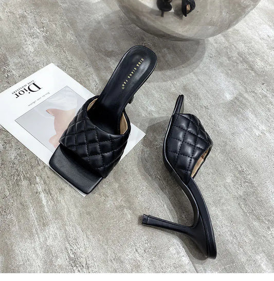 Square Head Leather High Heel Women's Shoes