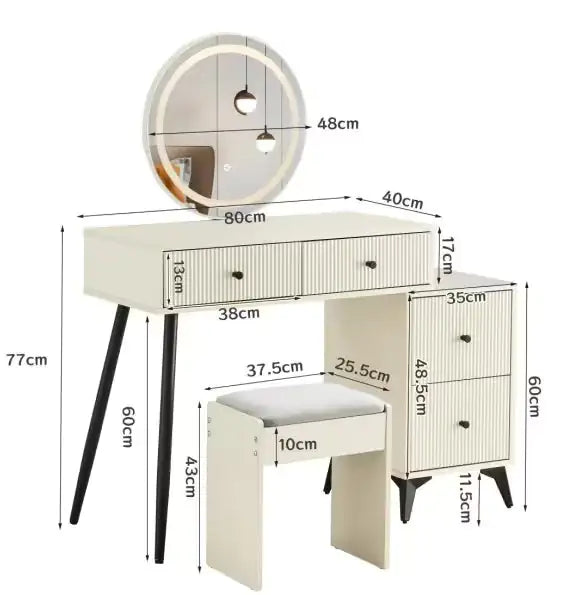 Fluted Makeup Vanity Desk With Round LED Mirror And Lights, Modern Glass Top Big Vanity Table With 4 Drawers Adjustable Shelves