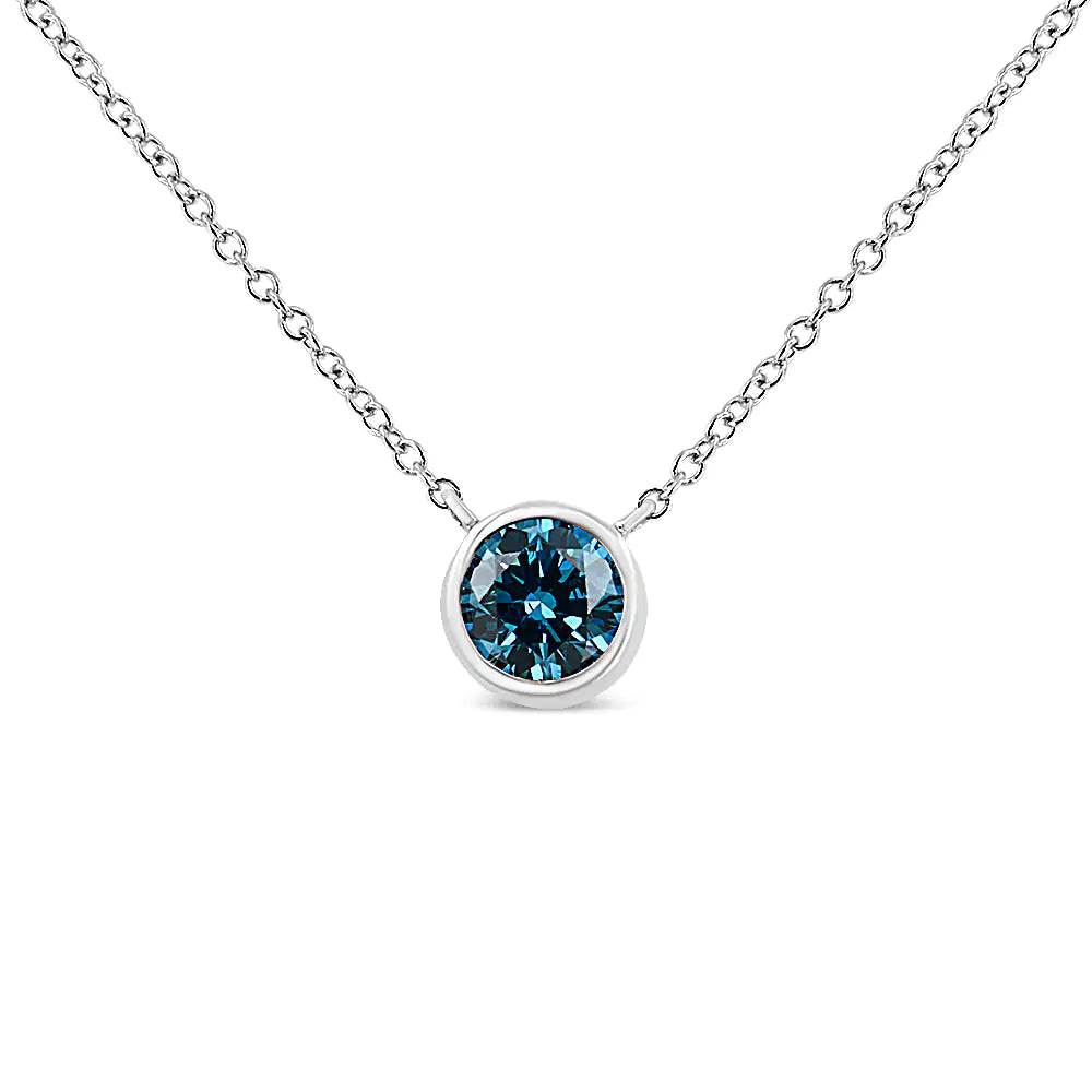 14K White Gold 1/2 Cttw Blue Lab Grown Diamond Modern Bezel-Set Solitaire 16"-18" Pendant Necklace (Blue Color, VS2-SI1 Clarity)