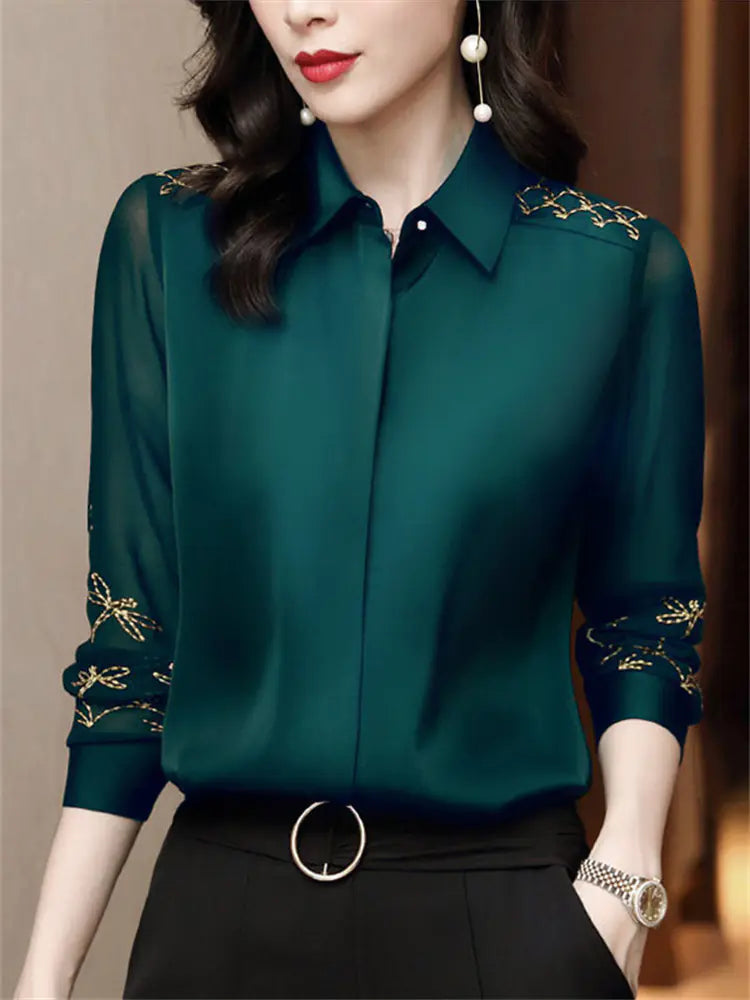 Women's Long Sleeve Chiffon Lace Embroidered Shirt