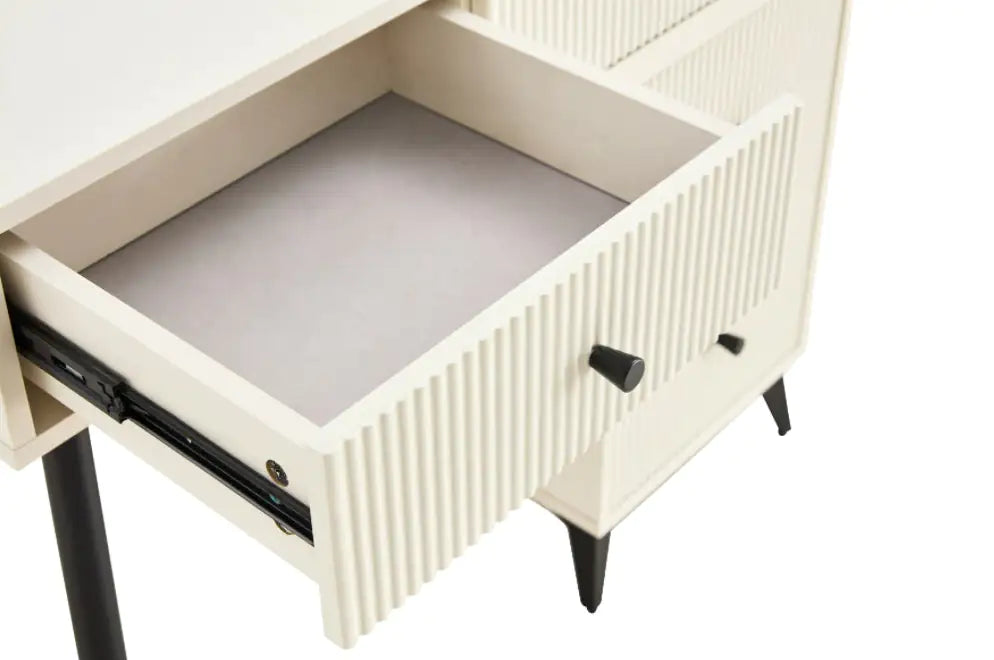 Fluted Makeup Vanity Desk With Round LED Mirror And Lights, Modern Glass Top Big Vanity Table With 4 Drawers Adjustable Shelves