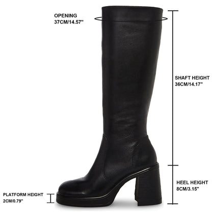 SOVANYOU Black Leather Boots Platform Boots for Women Square Toe Chunky Block Heeled Boots 7 Black-01