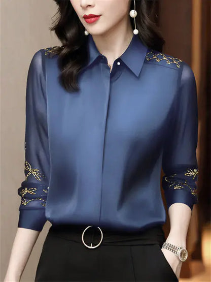 Women's Long Sleeve Chiffon Lace Embroidered Shirt