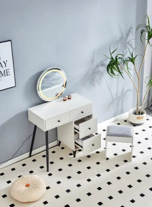 Fluted Makeup Vanity Desk With Round LED Mirror And Lights, Modern Glass Top Big Vanity Table With 4 Drawers Adjustable Shelves