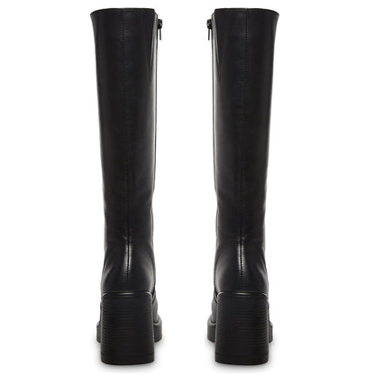 SOVANYOU Black Leather Boots Platform Boots for Women Square Toe Chunky Block Heeled Boots 7 Black-01